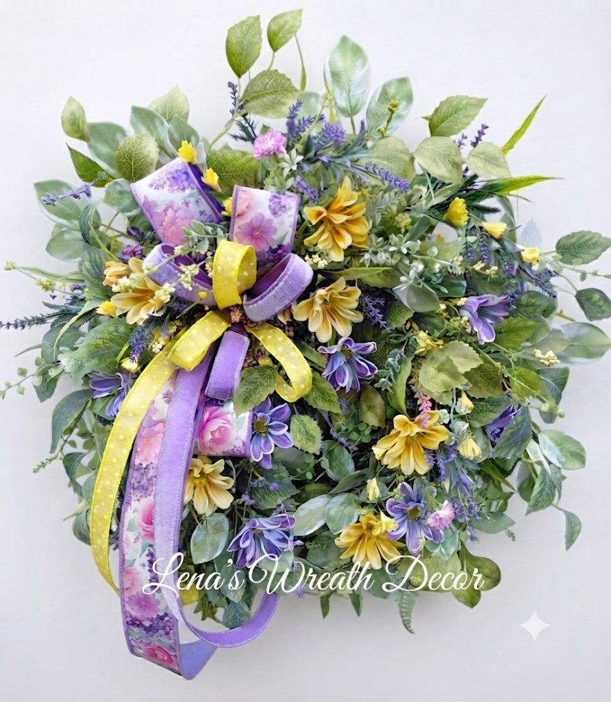 Yellow, and lavender blooms grapevine wreath