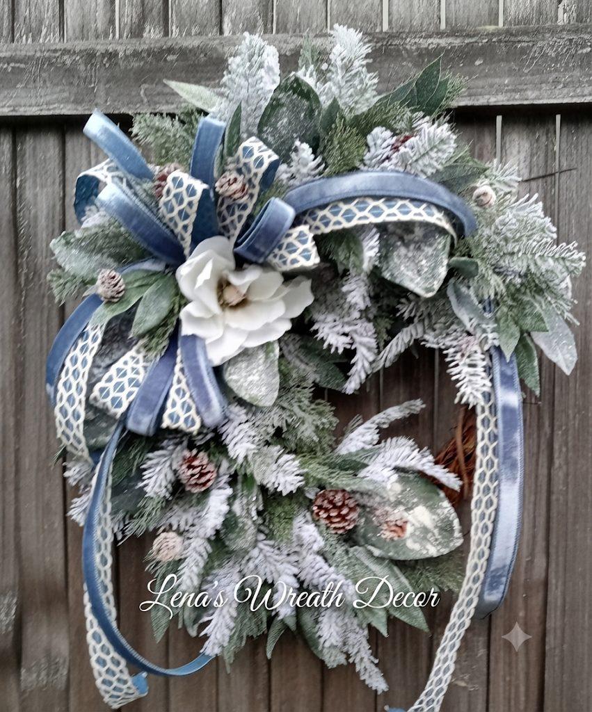 Magnolia and Snowy Pine Grapevine Wreath